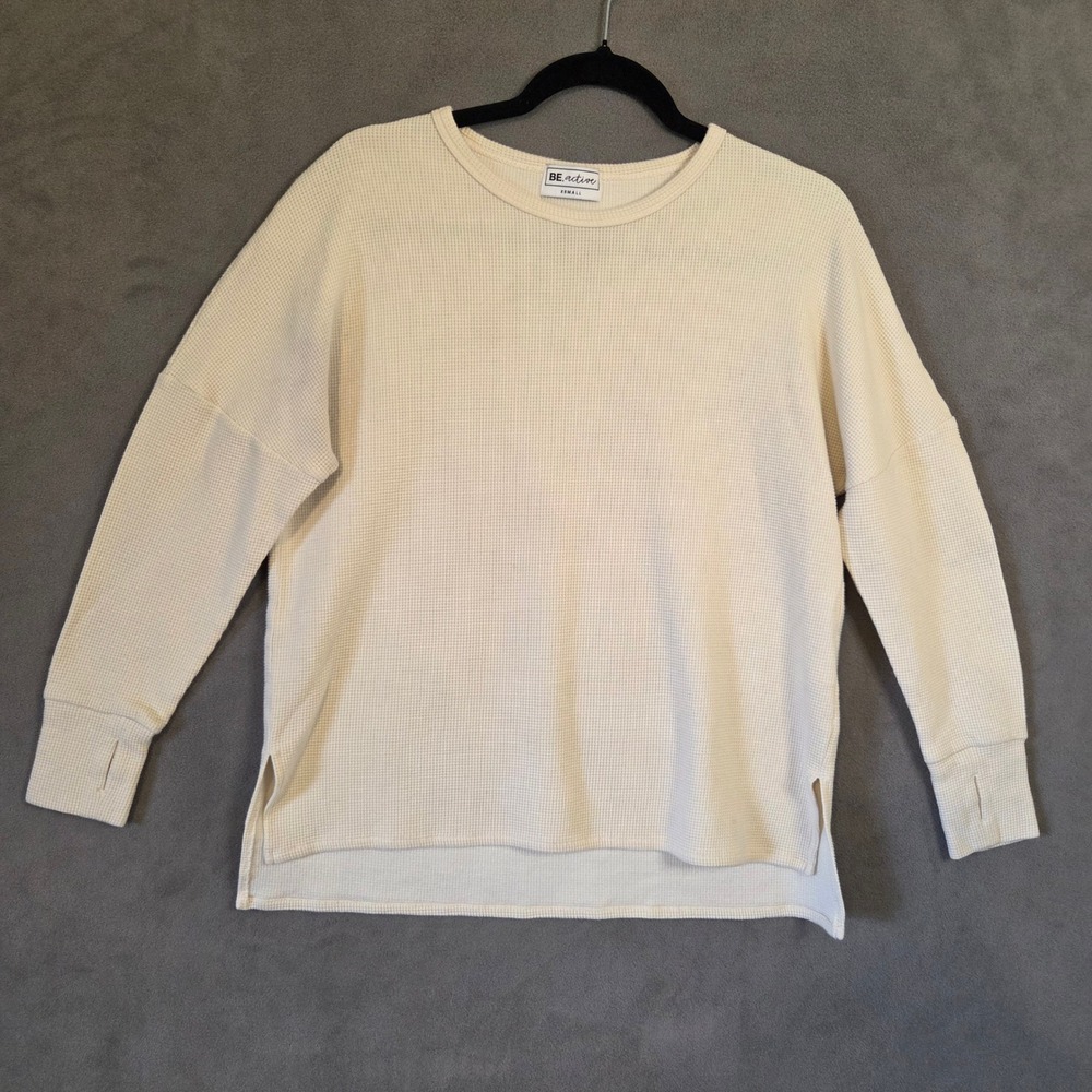 BE.Active Waffle Knit Thermal Top Women XS Cream Thumbhole Oversized Athleisure